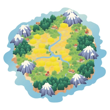 A bird's eye view of a Catan island is displayed prominently. The island features an array of hexagonal tiles, with fields in bright yellow and green hues, depicting fertile crops. Dark green tiles represent lush forests, with varying shades of green that create depth. There are grey and brown hexagonal tiles portraying mountains, with jagged peaks and snow caps. The layout is intricate, showing the connection of roads and settlements scattered throughout the island. Each tile's surface is distinct, adding texture and richness to the overall landscape.