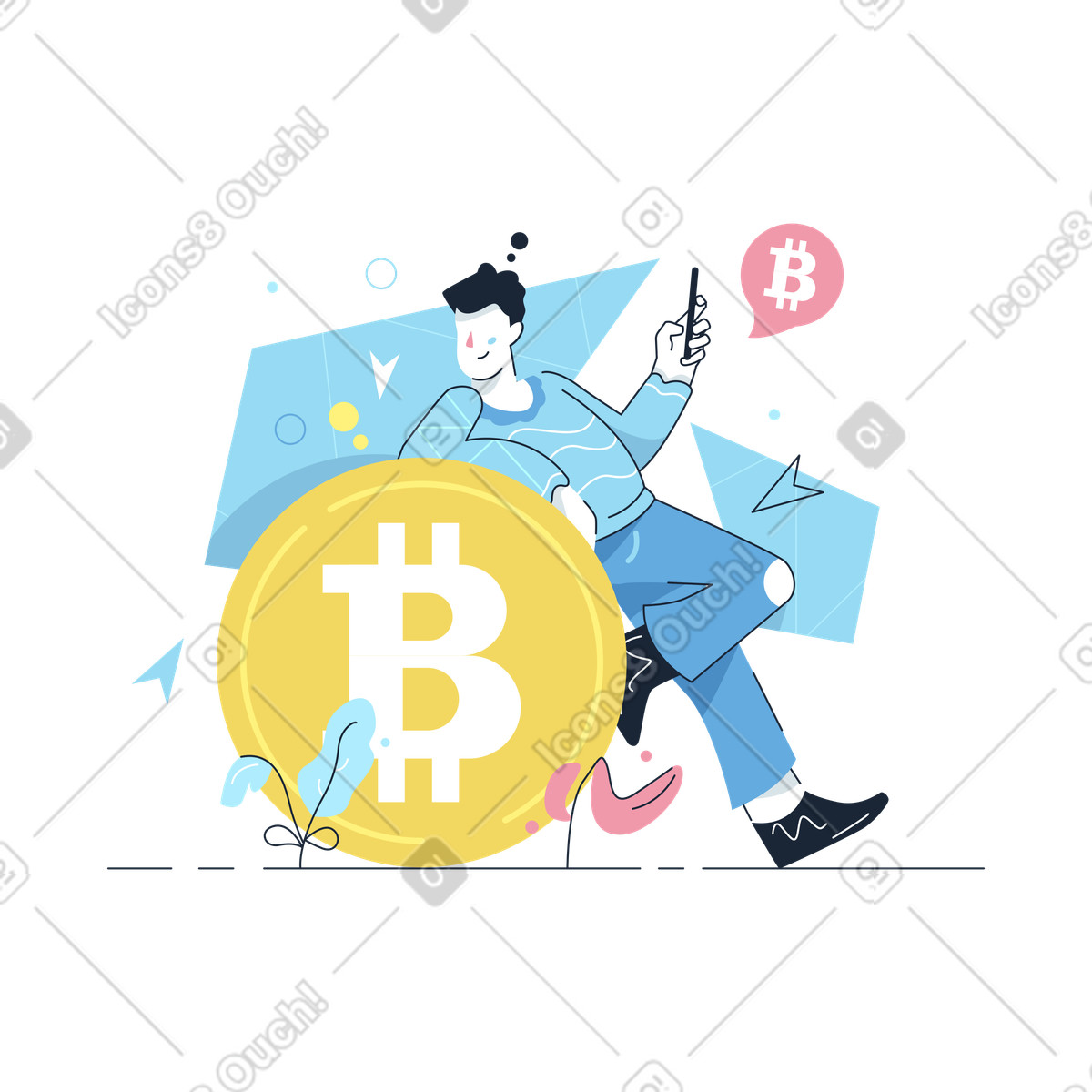 Ilustración Hombre comprando bitcoins en línea estilo Work Hard a descargar PNG y SVG