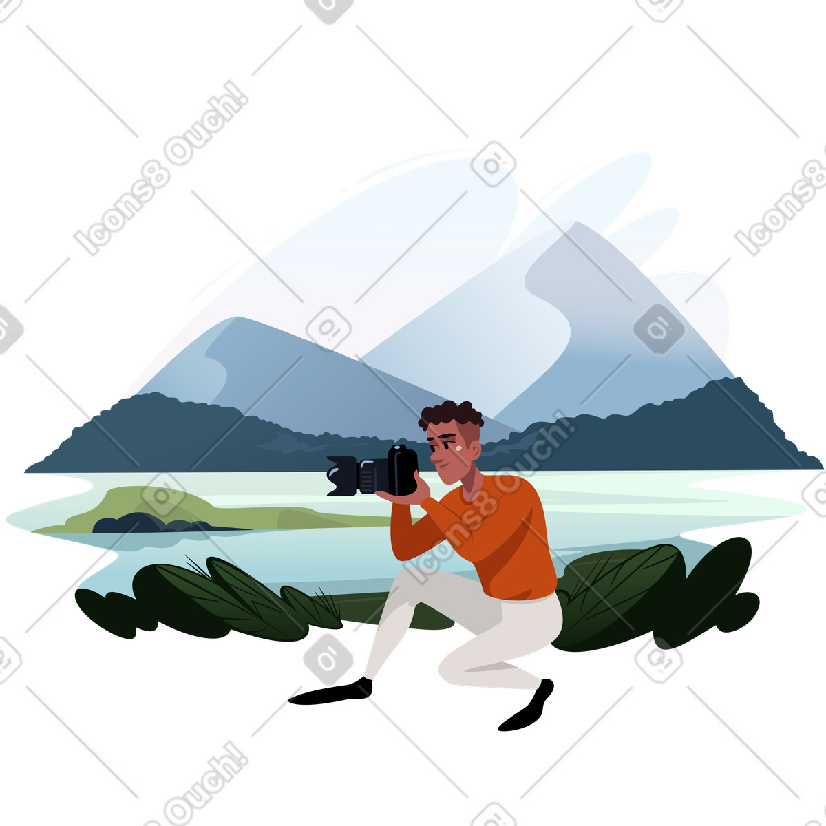 Photographer in the mountains catches a shot animated illustration in GIF, Lottie (JSON), AE