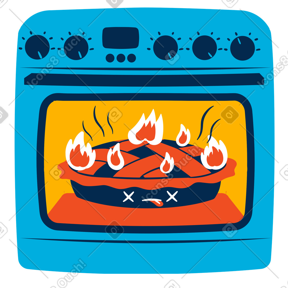 Illustration Oven with flaming dessert, Baking accident or error dans le style Flame à télécharger aux formats PNG, SVG