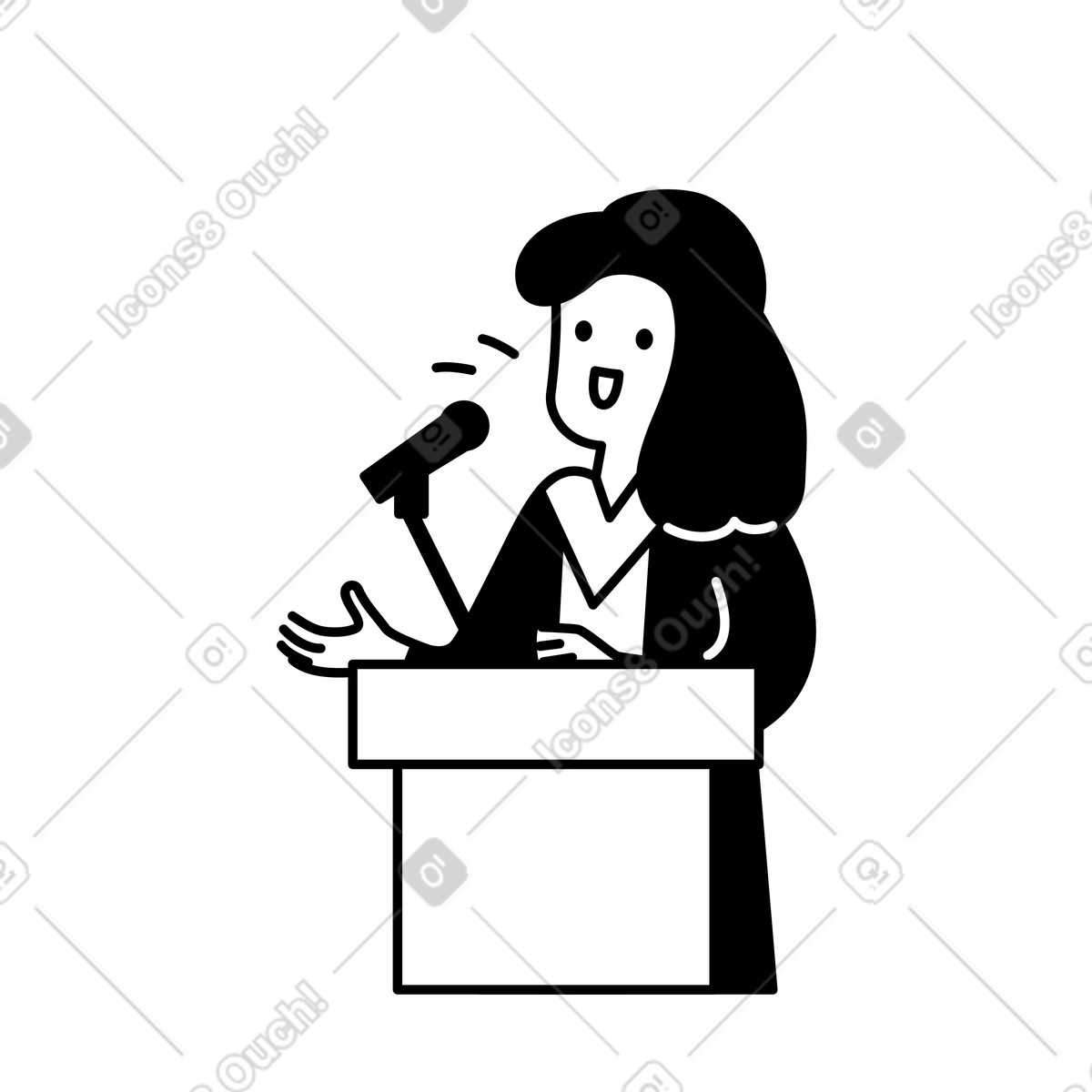 Notion Line Art スタイルの Speaker giving presentation behind podium with expressive gesturing hands のイラストをPNG、SVG形式でダウンロード