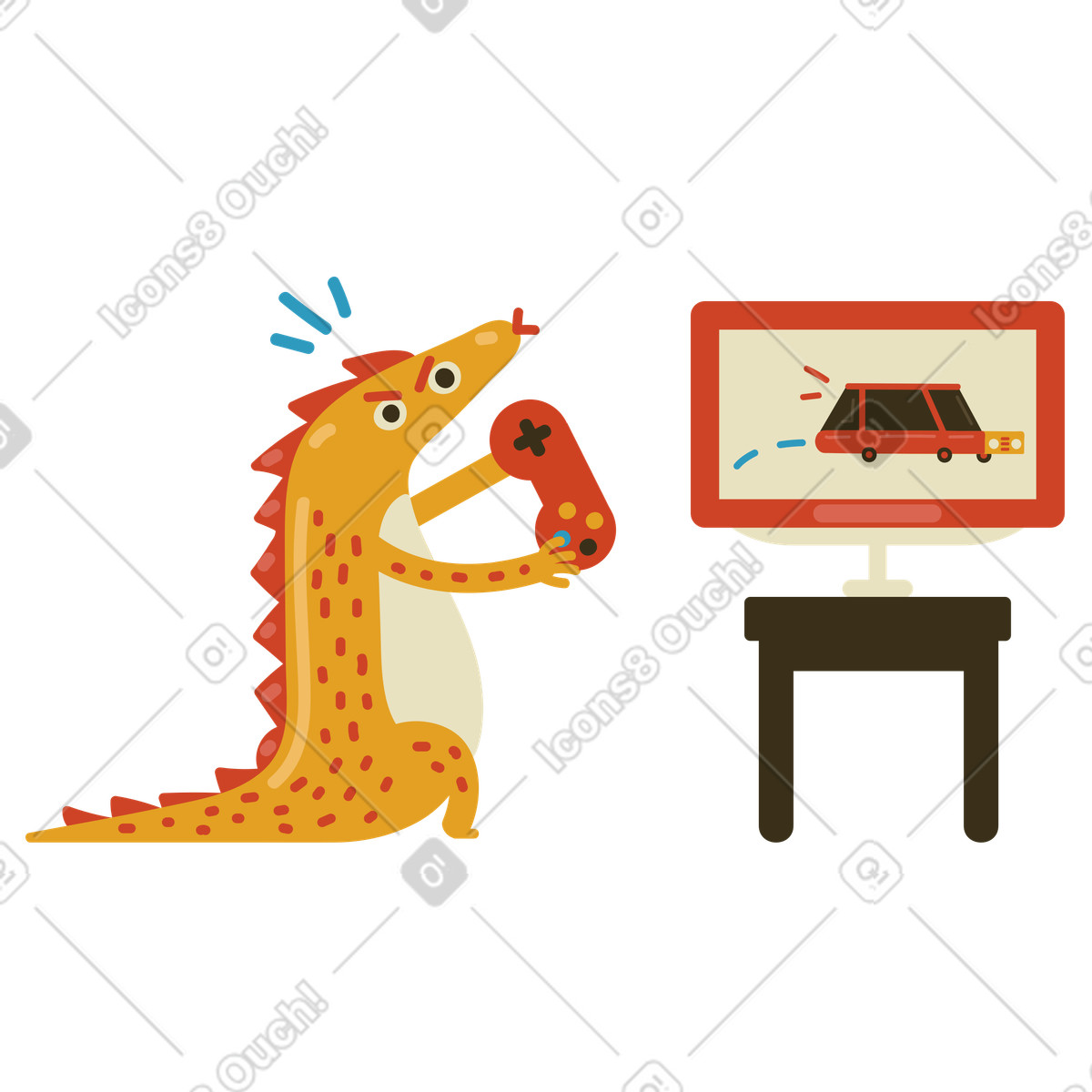 Ilustración Animal jugando a un videojuego de carreras en consola estilo Arabica descargar PNG y SVG