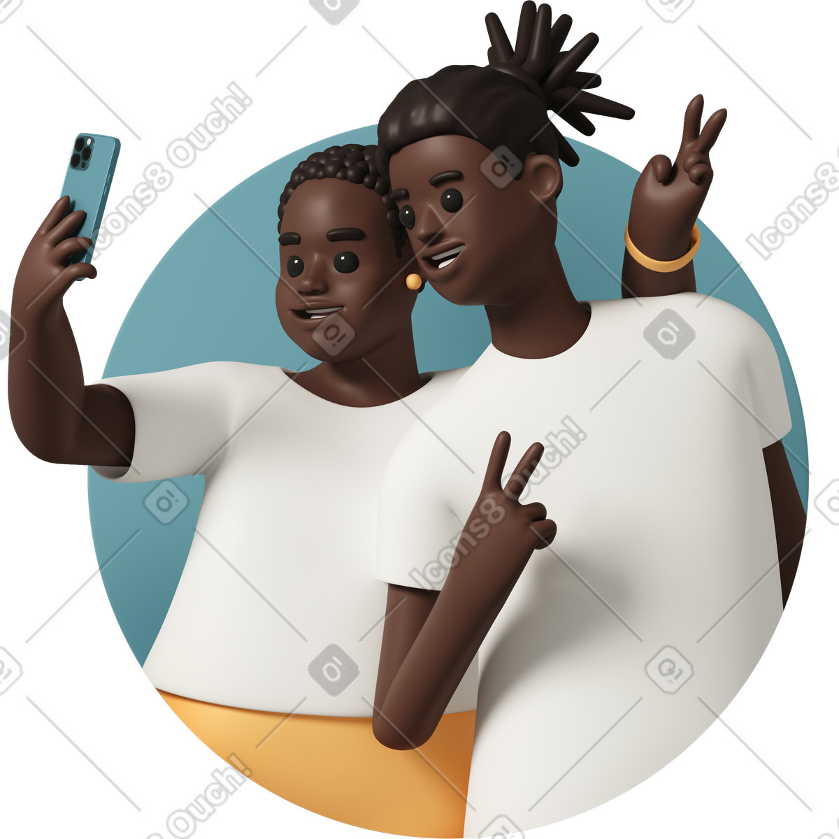 下载 3D Casual life 风格的 Two friends taking selfie by smartphone 插画，支持 PNG、SVG 格式