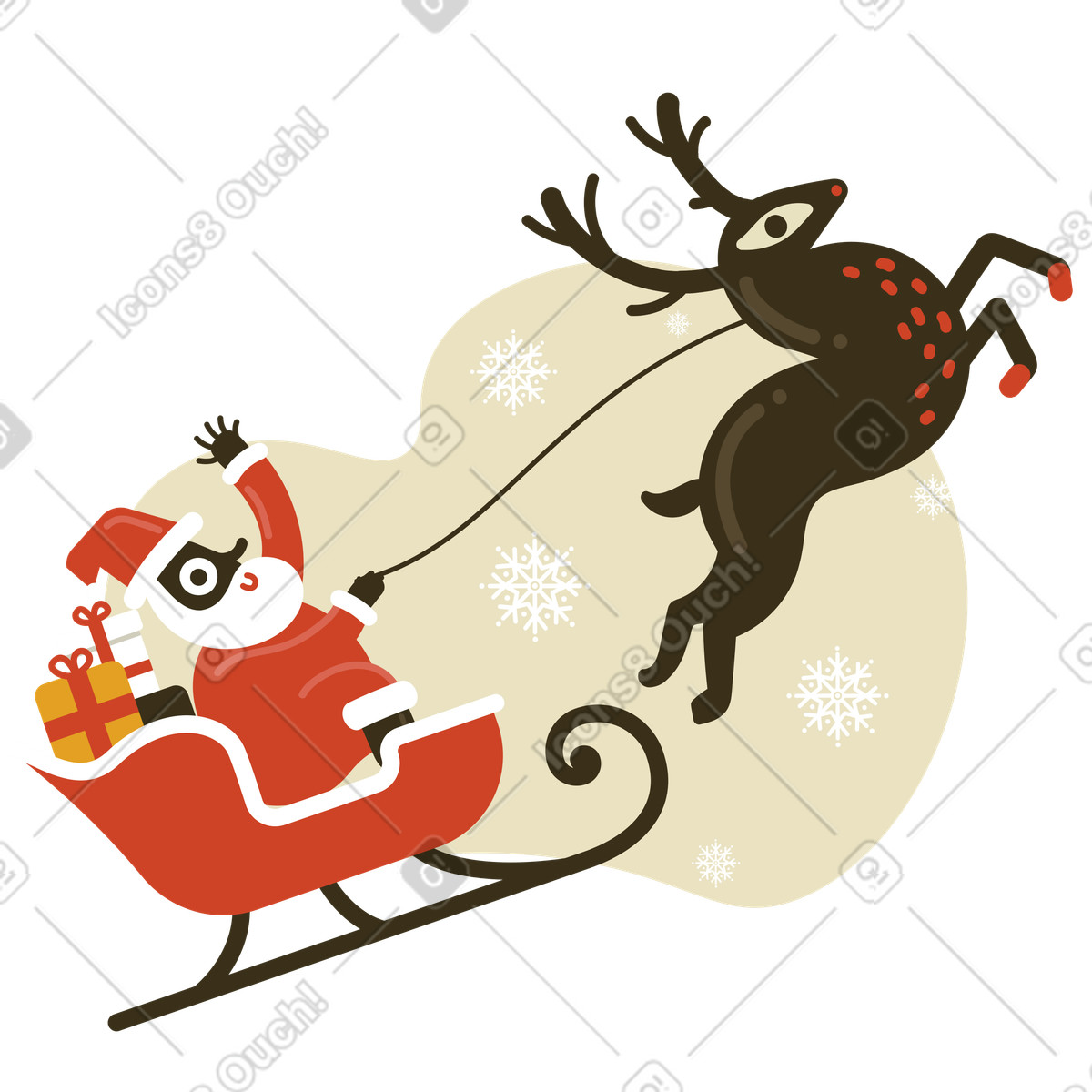下载 Arabica 风格的 Santa riding sleigh with reindeer, Christmas delivery and holiday celebration 插画，支持 PNG、SVG 格式