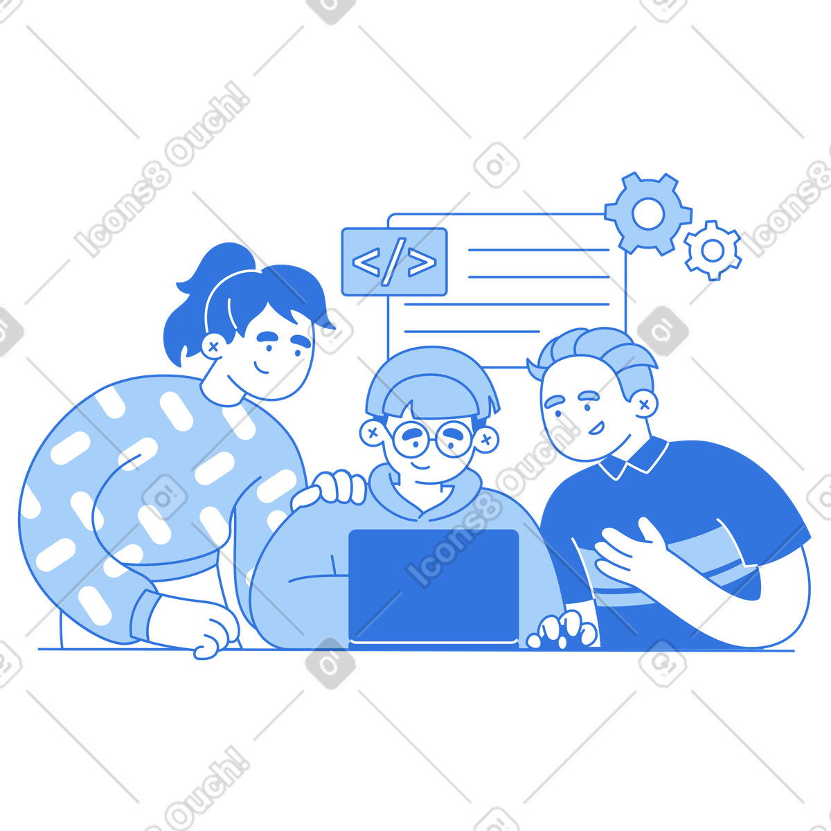 Dev team working on a project animated illustration in Sky style download in GIF, Lottie (JSON), AE