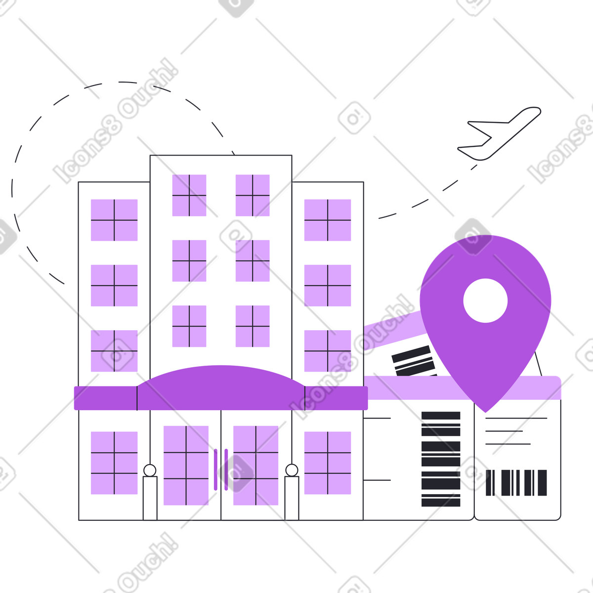 Grapy スタイルの Airplane flying over hotel with tickets, Travel route planning のイラストをPNG、SVG形式でダウンロード