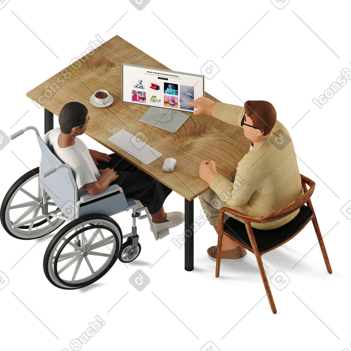 Young man and woman discussing a work project illustration discussion clipart graphics