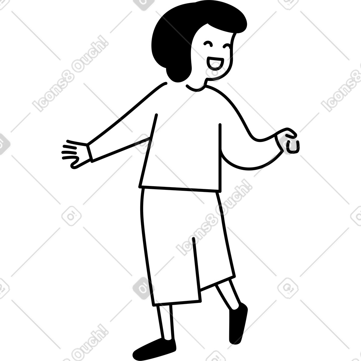 Character dancing happily with outstretched arms and wide smiling face-Illustration im Notion Line Art-Stil als Download in PNG, SVG