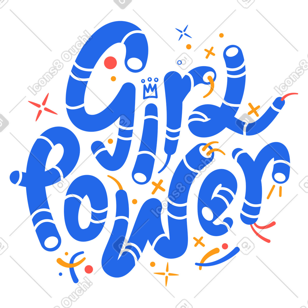 Lettering ondulato e strano con il girl power illustrazione in stile Kingdom scarica in PNG, SVG