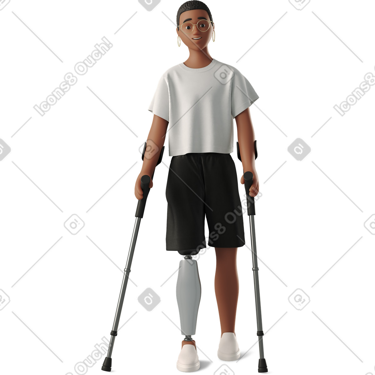 下载 3D Business 风格的 Young woman with prosthetic leg on crutches 插画，支持 PNG、SVG 格式