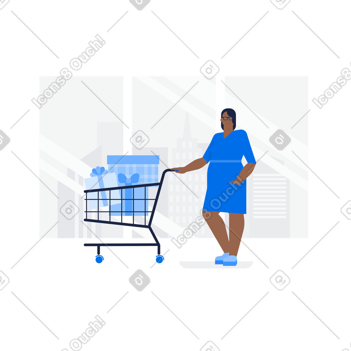 Customer with trolley of wrapped gifts, holiday shopping season illustration in Urban style download in PNG, SVG