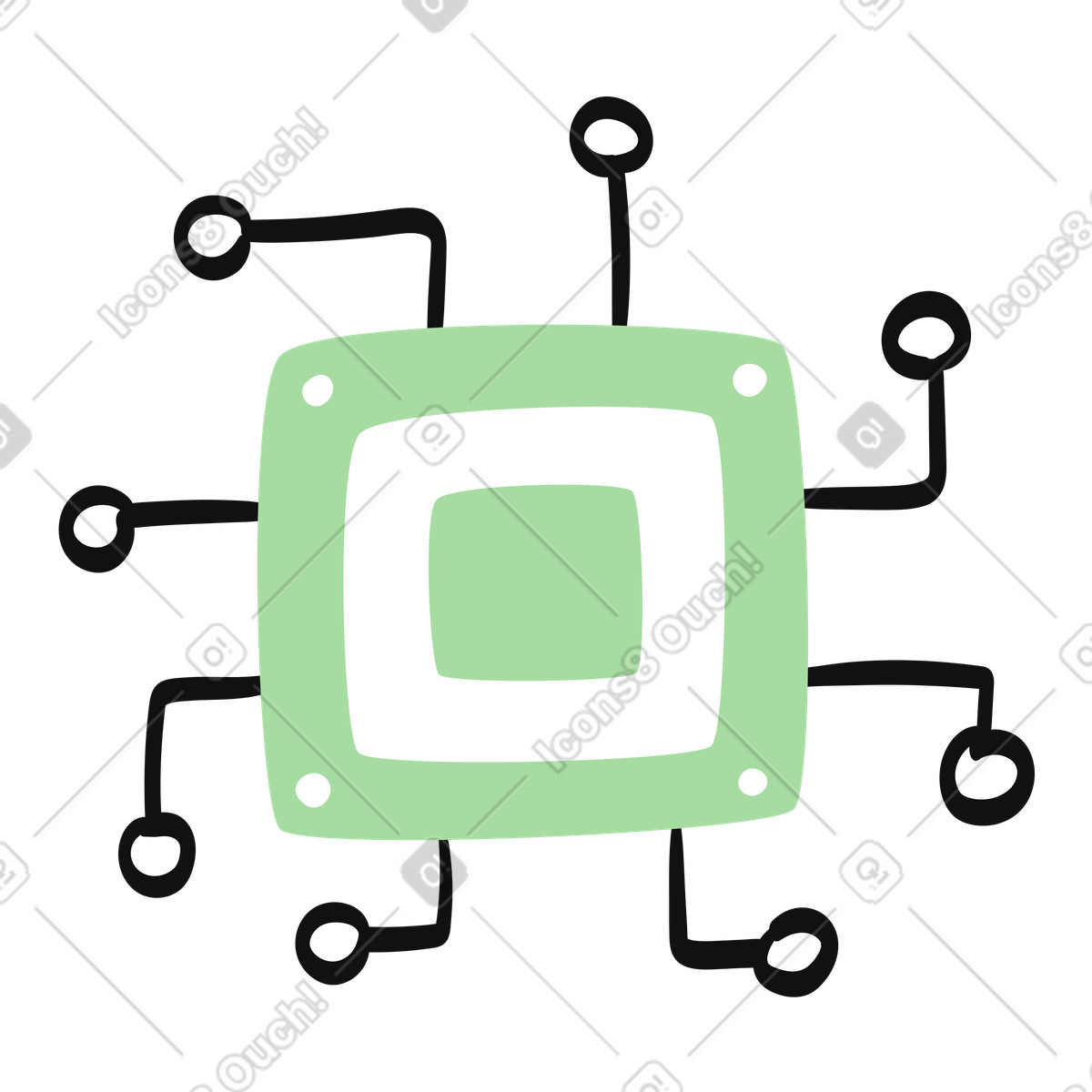 Illustration Microchip circuit board with connected lines indicating digital data flow dans le style Organic à télécharger aux formats PNG, SVG