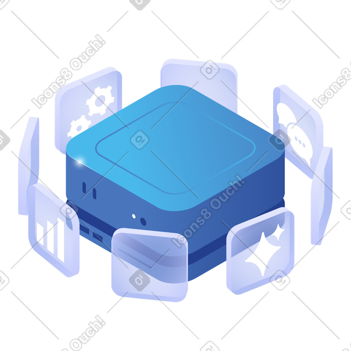 Smart automation workflow, Microservices management, Server with floating app panels illustration in Quantum style download in PNG, SVG