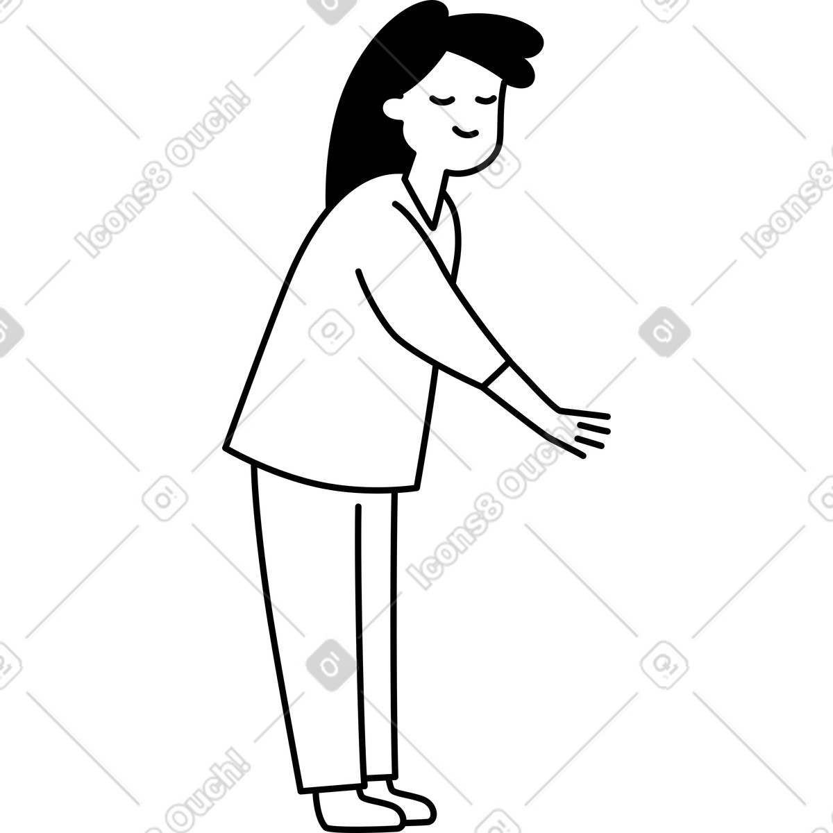 Character standing sideways with outstretched arm and relaxed facial expression-Illustration im Notion Line Art-Stil als Download in PNG, SVG