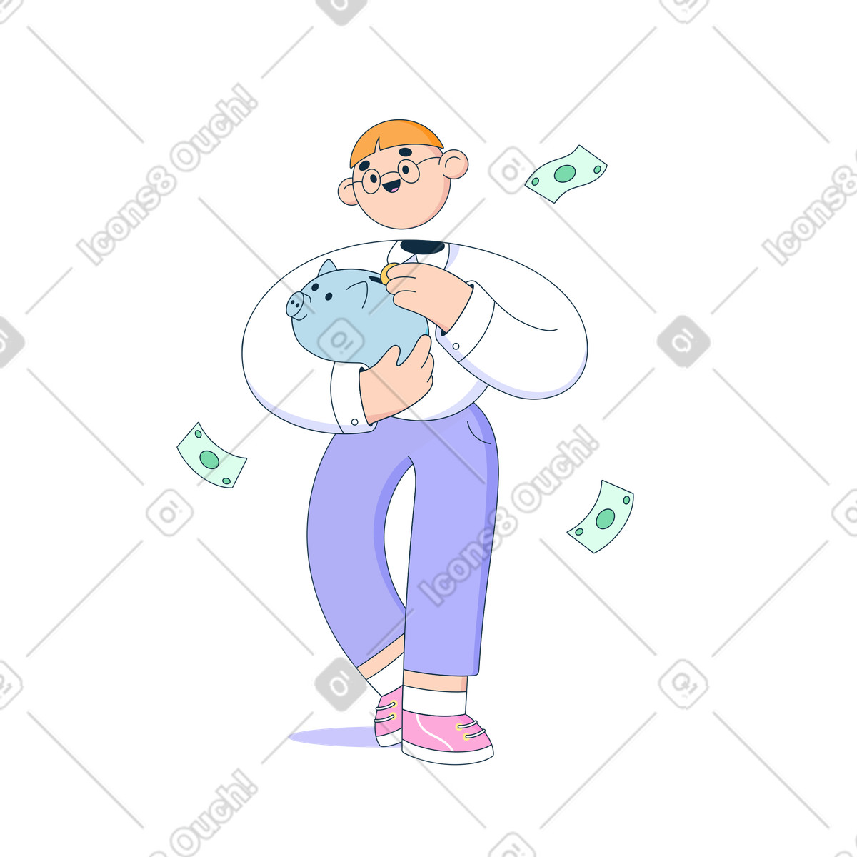 Mann steckt geld ins sparschwein-Illustration im Bubble gum-Stil als Download in PNG, SVG