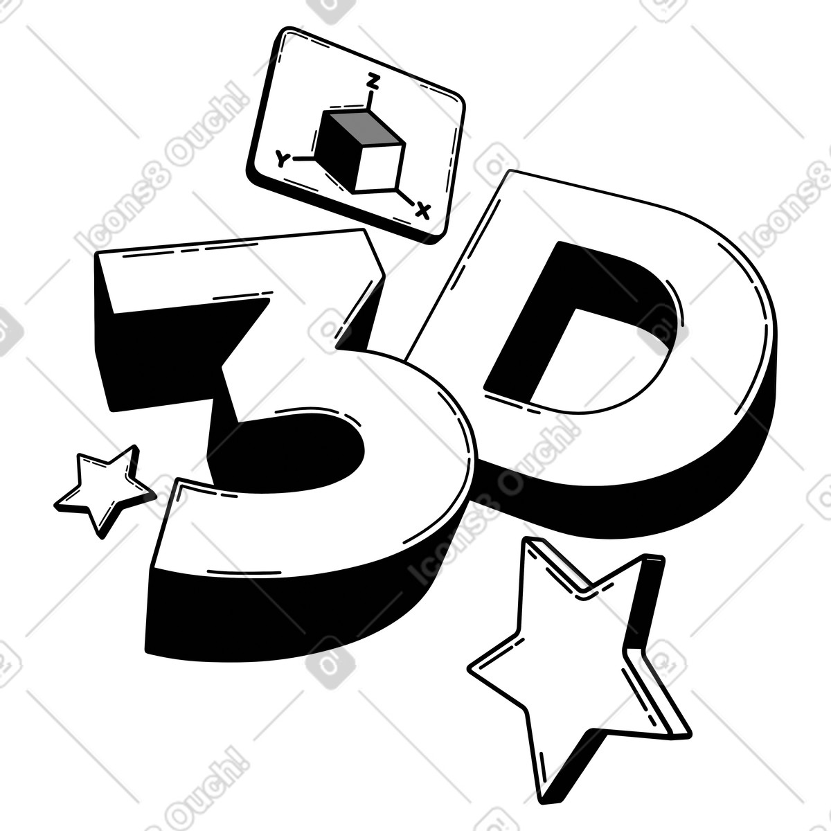 Cubo dell'asse xyz sopra testo 3d, geometria e design creativo illustrazione animata in stile 3D Techny Line scaricabile in GIF, Lottie (JSON), AE