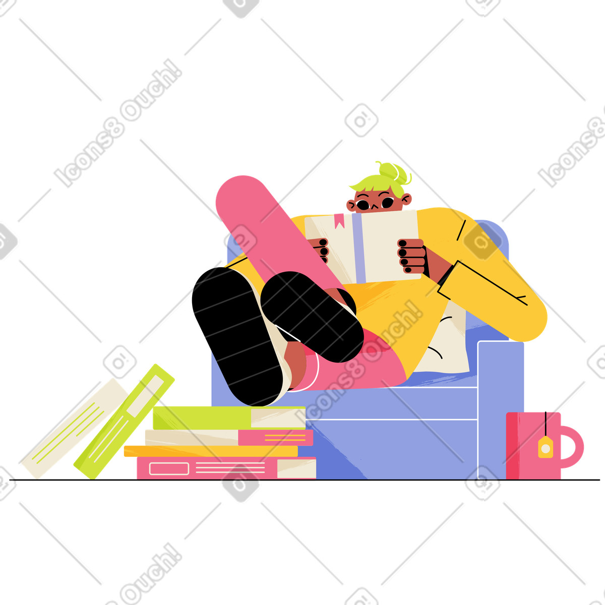 Reader with a mug and book pile illustration leisure hobby clipart image in PNG SVG GIF