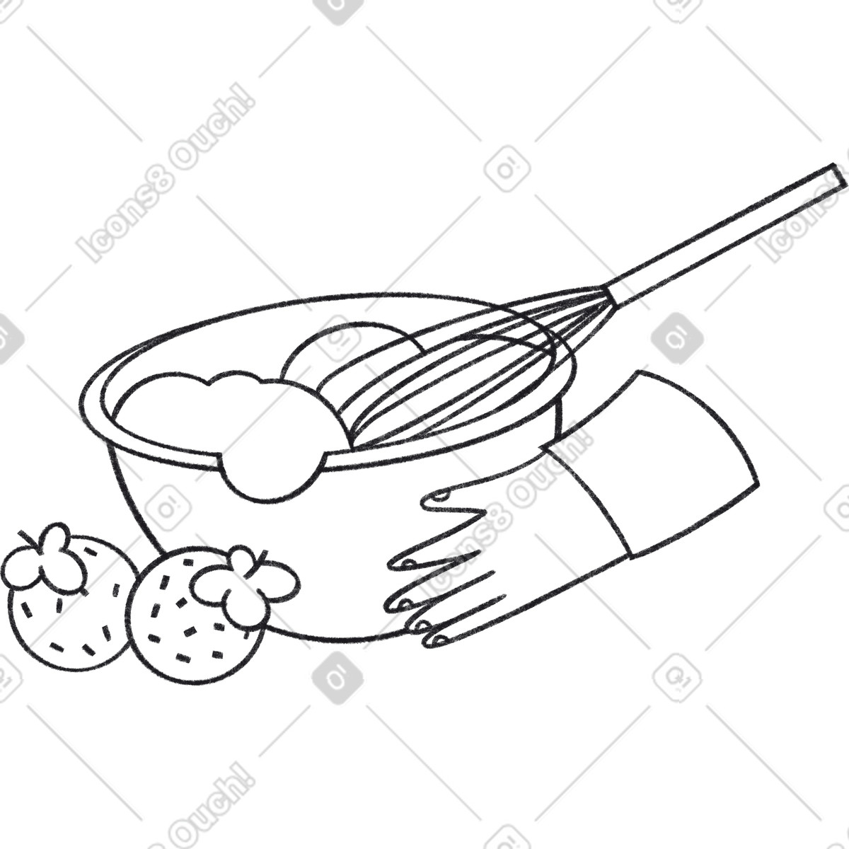 Bonbon Line スタイルの Hand holding a bowl of dough with whisk and strawberries のイラストをPNG、SVG形式でダウンロード