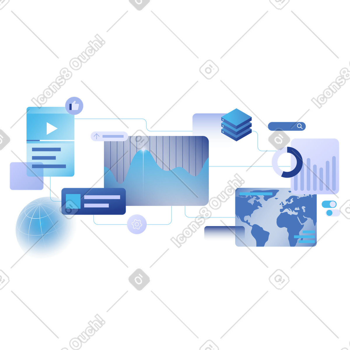 Integrated Data Platform Connecting Analytics, Media, and Global Systems illustration in Quantum style download in PNG, SVG