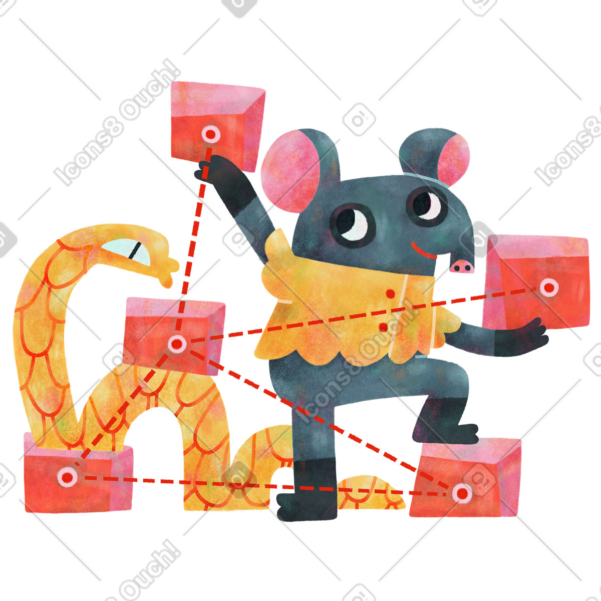 Tapir and snake building blockchain illustration in PNG, SVG
