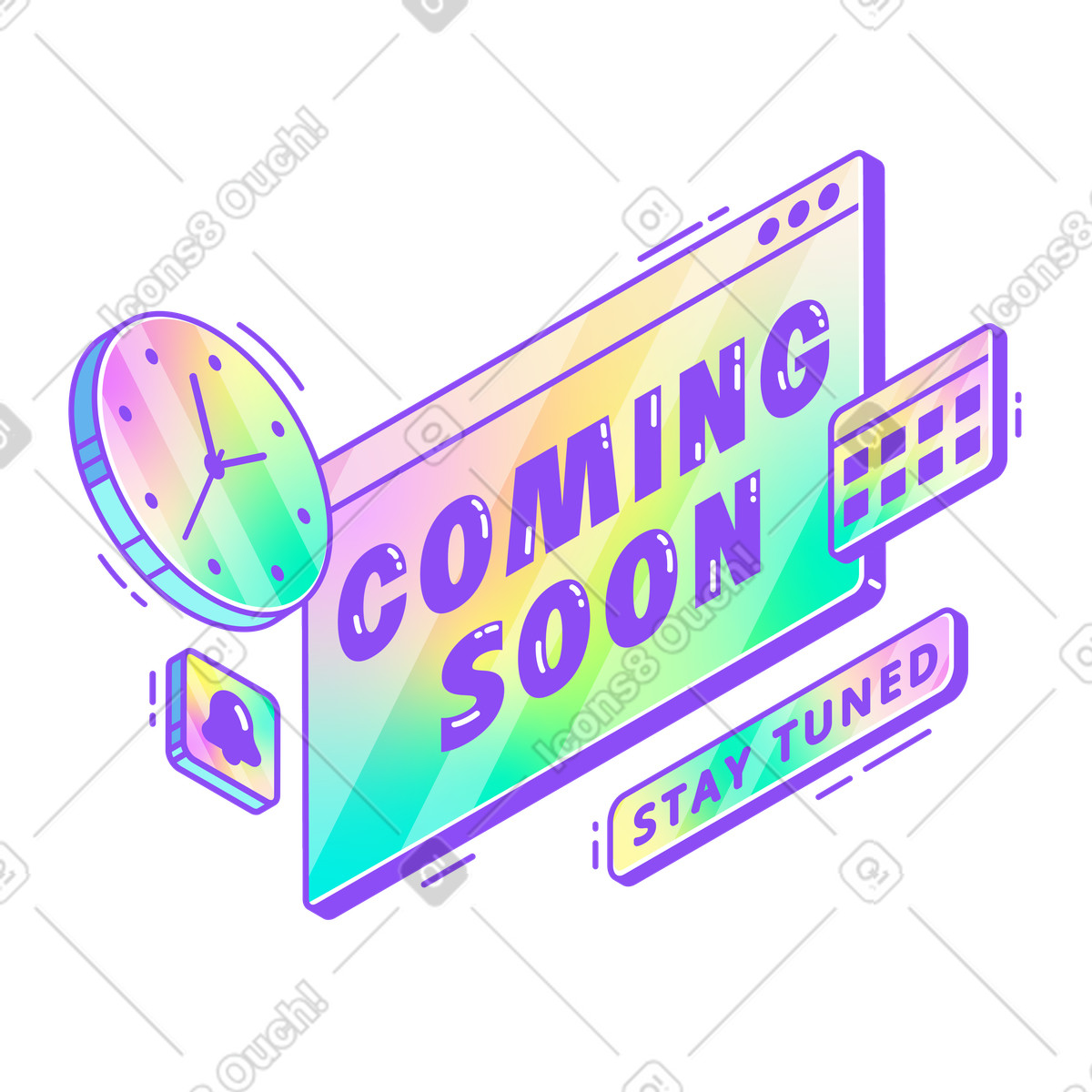 Lettering Coming Soon with clock, notification sign and calendar text illustration in Holographic style download in PNG, SVG