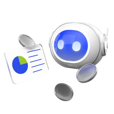 A friendly robot with business documents and charts - 3D Enterprise style illustration