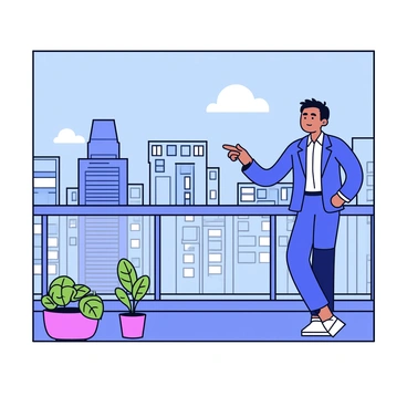 A real estate agent stands on a high-rise apartment balcony, wearing a smart blazer. The agent is pointing towards the city skyline with one hand, showcasing tall buildings and a bright blue sky. The balcony has a glass railing that allows for an unobstructed view. Potted plants are placed on the balcony floor, adding a touch of greenery. The background features a variety of skyscrapers, some with reflective glass windows, capturing the sunlight.