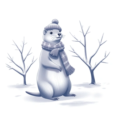 A prairie dog stands upright in a snowy landscape. It is wearing a cozy, knitted scarf wrapped around its neck and a matching hat on its head. The ground is covered in a thick layer of snow, with gentle snowflakes falling around. In the background, there are bare trees dusted with snow, creating a wintry atmosphere. The prairie dog looks curiously into the distance, its small paws resting on its furry body.