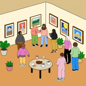 An art exhibit showcasing local artists' work in a cozy gallery