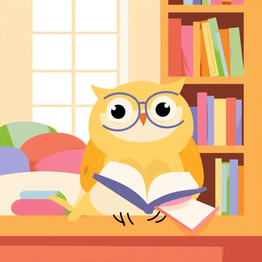 A baby owl with large, round glasses perched on its beak is sitting on a wooden shelf in a cozy library. The owl is intently focused on a tiny, colorful book that it holds with its small talons. The library has tall wooden bookshelves filled with various books, and warm light filters in through a nearby window, creating a comfortable atmosphere. Soft cushions are scattered around, and a few open books are lying on the shelves, adding to the inviting scene.