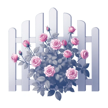 A rose bush filled with numerous blooming roses. The roses are vibrant and rich in detail, showcasing their layered petals. The bush is situated in front of a white picket fence that features evenly spaced slats and a slight curvature along the top. The leaves of the rose bush are lush and dense, providing a striking contrast against the white fence. The scene is well-defined, highlighting the beauty of the roses and the structure of the fence.