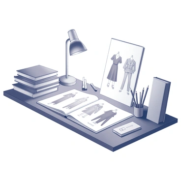 A fashion illustrator's desk with various books stacked on one side. The books include a mix of fashion design guides and magazines. In the center of the desk lies a sketchpad, open with several pencil sketches of clothing designs showcased on its pages. There are several drawing tools neatly arranged, including pencils and a ruler, as well as a vintage lamp casting light over the workspace. The desk has a minimalist design, made of wood with a smooth finish, complementing the organized yet creative atmosphere of the area.