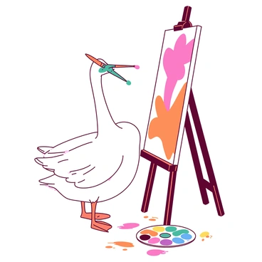 A white goose is standing upright while holding a teal paintbrush in its beak. The goose is positioned in front of a tall, angled easel, which supports a large canvas. The canvas displays a partially completed painting that features vibrant splashes of orange and pink. The goose's wings are slightly outstretched, and there are colorful paint splatters on the ground around the easel, creating a lively scene. A palette filled with various colors rests at the goose's feet.