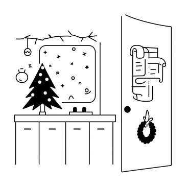 A festive bathroom decorated for the holidays with cheerful ornaments and lights.