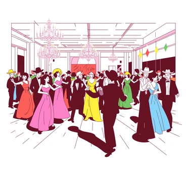 A grand ballroom filled with guests dressed in formal western attire, including flowing dresses and stylish cowboy hats. The ladies wear vibrant dresses that sway gracefully as they move across the polished wooden floor. The gentlemen are dressed in tailored suits complemented by distinctive cowboy hats, creating a unique blend of elegance and rustic charm. Chandeliers hang from the high ceiling, casting a warm, inviting light across the lively gathering. The atmosphere is filled with laughter and conversation as couples dance elegantly to live music. Decorative banners in the background add to the festive ambiance.