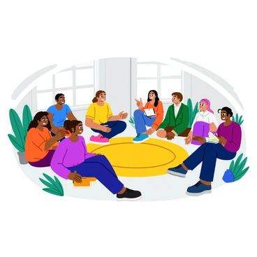 A group of diverse individuals sits in a circle in a bright, cozy room. Each person has a distinct appearance, showcasing a variety of ethnic backgrounds, ages, and styles. Some are wearing colorful clothing, while others are dressed in casual attire. In the center, a warm, welcoming rug adds a touch of comfort. Each person is engaged in conversation, with expressions of understanding and empathy on their faces. One individual holds a small notebook, while another gestures as they share their story. A few plants are placed around the room, adding a fresh touch to the atmosphere. Light spills in through large windows, illuminating the scene.
