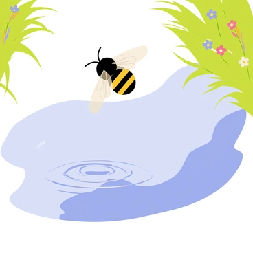 A carpenter bee with black and yellow stripes is hovering above a still pond. The bee's wings are semi-transparent and glimmer in the sunlight. Below, the surface of the pond reflects the blue sky and surrounding greenery. Tiny ripples are forming in the water as the bee hovers, creating a pattern that disturbs the glassy surface. Lush green grass and colorful wildflowers are visible along the edge of the pond, adding vibrancy to the scene.