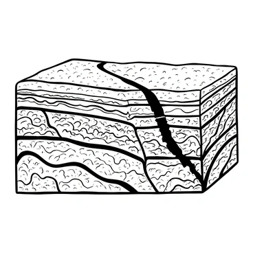 Layers of rock strata depicted in detailed cross-section, with distinct horizontal bands clearly visible. A normal fault line is illustrated, showing one side of the strata being displaced downward. The textures of the rock surfaces are shown with intricate details, highlighting the variations in sediment types and compositions. The contrast of the different layers emphasizes the geological features and the impact of tectonic activity on the landscape.