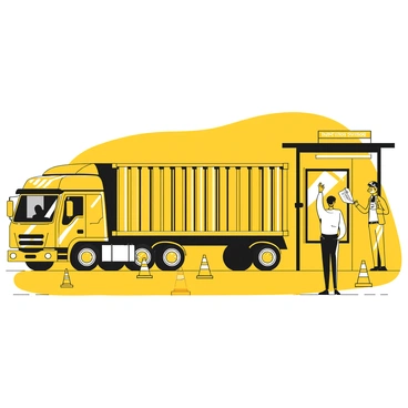 A large transport truck with a cargo container is driving through an inspection station. The truck is positioned in front of a small building where officials are standing. One official is leaning against a counter, examining documents, while another official is communicating with the truck driver. Several traffic cones are placed around the area, and a sign indicating "Inspection Station" is visible in the background. The atmosphere is busy, with vehicles waiting in line behind the truck.