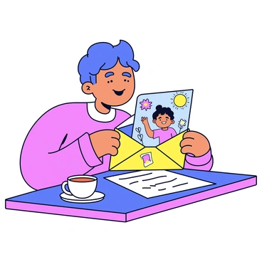 A person is sitting at a wooden table, holding a colorful envelope with stickers on it. They have a look of joy on their face as they open the envelope. Inside, there is a photo of a smiling child, holding a drawing with a bright sun and flowers. Next to the photo, there is a letter with handwritten words. The person is wearing a cozy sweater and has a cup of tea next to them on the table. The background is softly blurred, directing focus to the person and the letter.