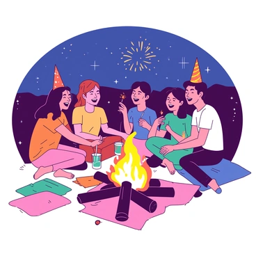 A group of five friends is gathered around a bonfire, smiling and laughing as they celebrate New Year’s Eve. The bonfire is bright, with flames dancing and casting warm light on their faces. One friend is holding a teal drink, while another has an orange party hat on their head. There are colorful blankets spread on the ground, and small sparklers are in the hands of two of the friends. In the background, the night sky is filled with stars, and a few fireworks can be seen bursting in the distance.