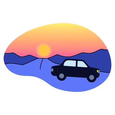 A black car silhouette on a highway. The car is positioned towards the right side of the image, capturing its side profile. In the background, a large orange sun is setting on the horizon, casting a warm glow across the sky. The highway extends into the distance, under a gradient sky that transitions from orange to deep blue. The silhouette of distant hills is visible against the colorful sunset.