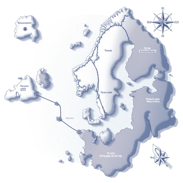 A detailed map showcasing the Viking exploration routes across the sea. The map includes various coastlines, with clear markings indicating the paths taken by Viking ships. Iconic symbols representing Viking longships are placed along the routes. Prominent locations such as settlements and trading posts are marked, along with names of territories explored. The compass rose is depicted in the corner, providing orientation. Decorative elements such as sea monsters and mythical creatures are incorporated into the surrounding ocean areas.