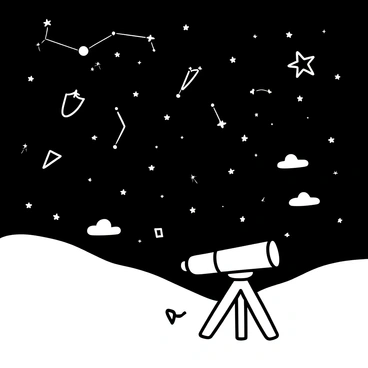 A telescope positioned on a grassy hill, aimed toward a sky filled with numerous stars. Around the telescope, various drawn constellations are illustrated, with lines connecting the stars to form recognizable patterns. The stars are vividly scattered across the dark sky, creating a sense of depth and expansiveness. A faint outline of mountains can be seen in the background under the starry sky. A few clouds drift across the scene, but they do not obscure the constellations.