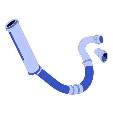 A detailed illustration of a car's exhaust system. The exhaust system features multiple interconnected pipes that curve and extend towards the rear of the car. The muffler is prominently displayed, showcasing its cylindrical shape and exhaust outlets. The entire assembly is depicted from an angled perspective, allowing for a clear view of the various components, including hangers and brackets that secure the pipes in place. The structure displays intricate details such as welds and bends in the pipes, emphasizing its engineered design.