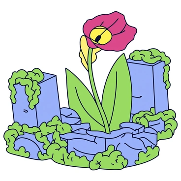 A large corpse flower with deep maroon and yellow colors is blooming prominently. The flower has a unique shape, resembling a tall, broad bell. Surrounding the flower are ancient stone ruins covered in lush green vines and moss, with fallen stones and crumbling walls partially hidden by foliage. The scene conveys a sense of nature reclaiming the remnants of an old civilization, with the flower standing out against the rich greenery and textured stone.