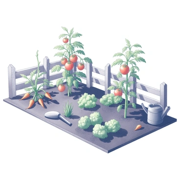 A potager garden with neatly arranged rows of vegetables. The garden features ripe tomatoes hanging from sturdy plants, leafy greens like lettuce and kale spread across the soil, and orange carrots peeking out from the earth. The plants are thriving under a bright sun, casting distinct shadows on the ground. Garden tools such as a trowel and watering can are placed nearby, indicating recent cultivation activity. There is a rustic wooden fence surrounding the garden, adding structure to the scene.