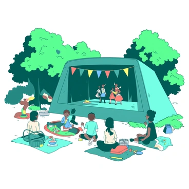 A teal outdoor community theater stage is set up in a park, surrounded by lush green trees. Brightly colored banners are hanging from the stage, flapping gently in the breeze. In front of the stage, families are sitting on colorful blankets spread out on the grass. Some children are playing with toys while their parents watch the performance. A small group of performers dressed in vibrant costumes is acting out a scene on stage, engaging the audience with their lively expressions. Nearby, a picnic basket is placed on one of the blankets, adding to the relaxing atmosphere of the event.