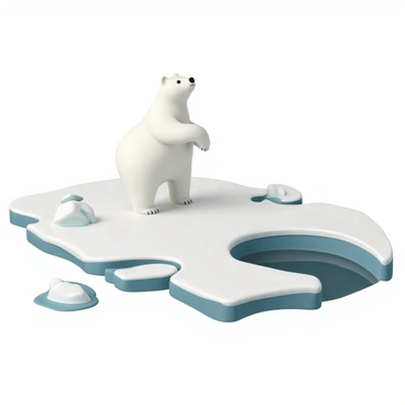 A large polar bear, with thick white fur and a powerful build, is standing confidently on a floating ice floe. The bear's head is raised, and its piercing black eyes are gazing into the distance. Surrounding the ice floe, there are patches of shimmering blue water, indicating the presence of melting ice. Nearby, a sizable gap in the ice reveals dark ocean waters beneath, contrasting with the bright white of the ice. The environment is stark yet striking, showcasing the bear's natural habitat.