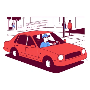 A red car is parked on the side of the street with a white parking ticket displayed under the windshield wiper. Inside the car, a driver with a furrowed brow is sitting behind the steering wheel, looking frustrated. They are wearing a blue cap and have short black hair. The driver is gripping the steering wheel tightly, and their eyes are fixed on the ticket. The background features a few trees and a sidewalk with people walking by.